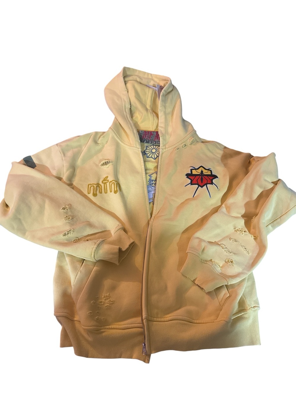 Yellow Hooded Zip Jacket with Embroidered Patch. Murd333.fm